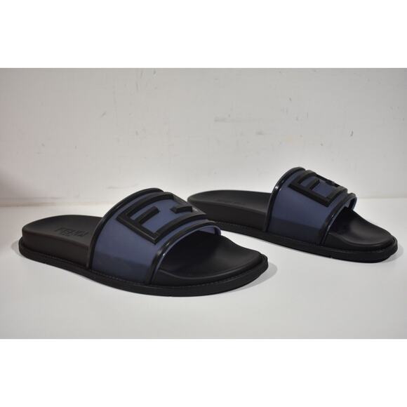 Fendi Mens Baguette Rubber Blue Black Logo Flat Slide Sandal Flip Flop UK 8 US 9 - Picture 5 of 12